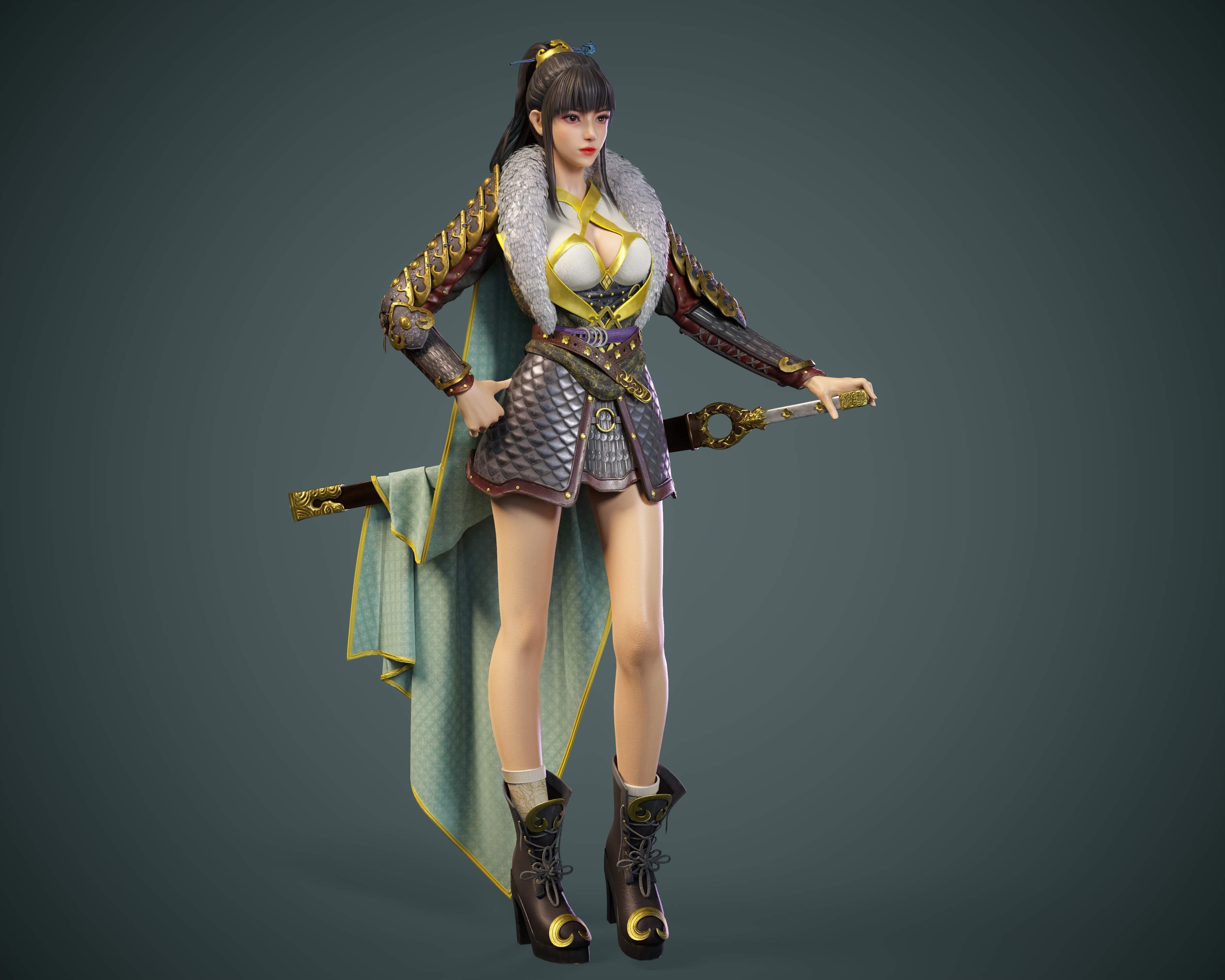 梵映学员黄若菲次世代建模作品-古风女武士毛领鳞甲手持双刀