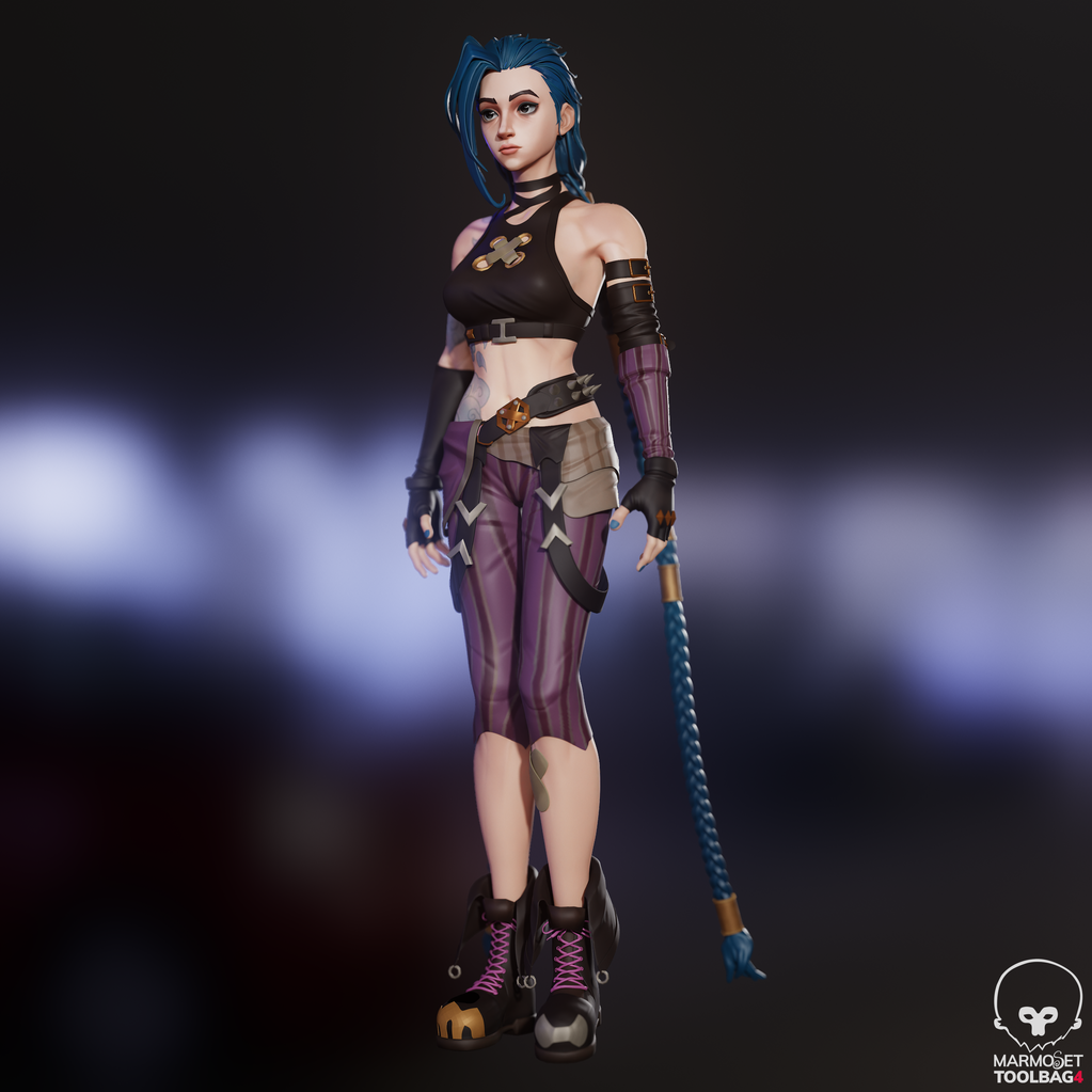 梵映学员兰中美次世代建模作品-蓝色长辫少女黑背心紫裤马丁靴