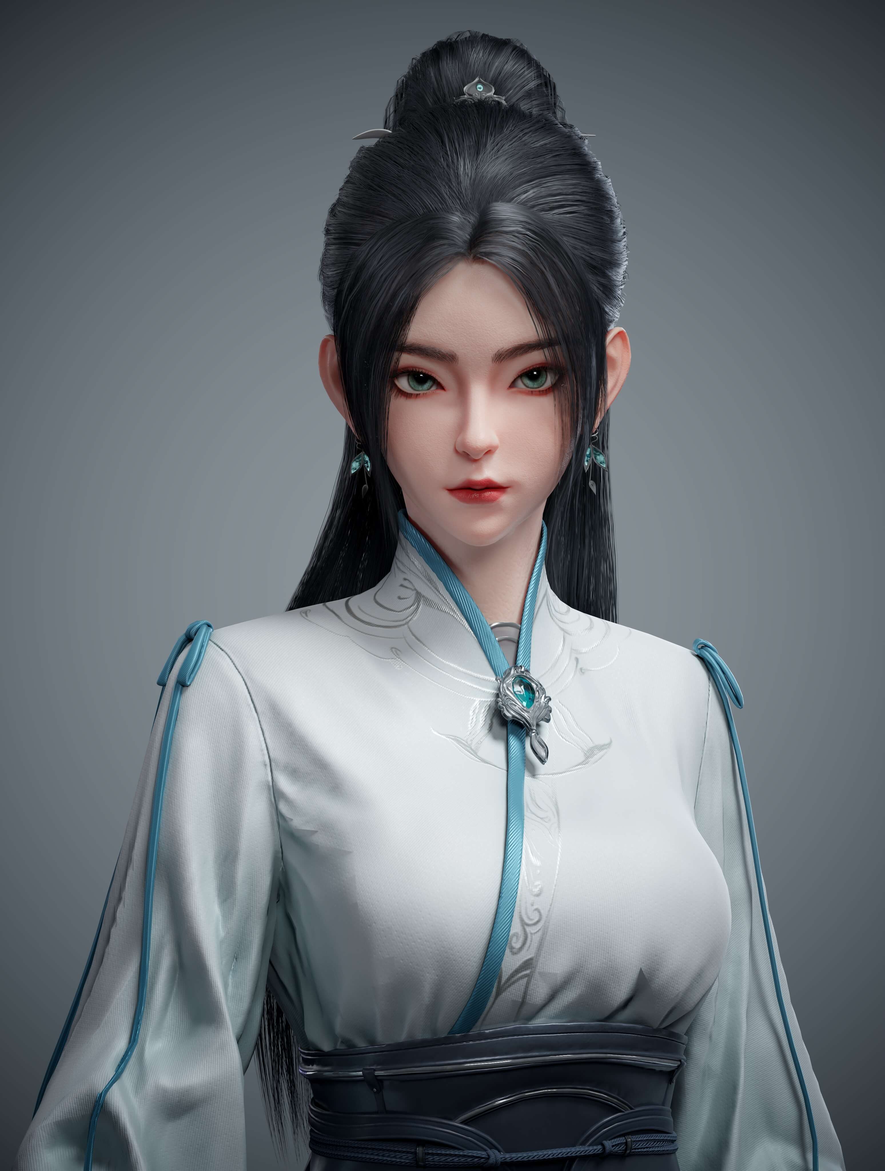 梵映学员齐苏豫次世代建模作品-古风黑发女性半身像白色汉服