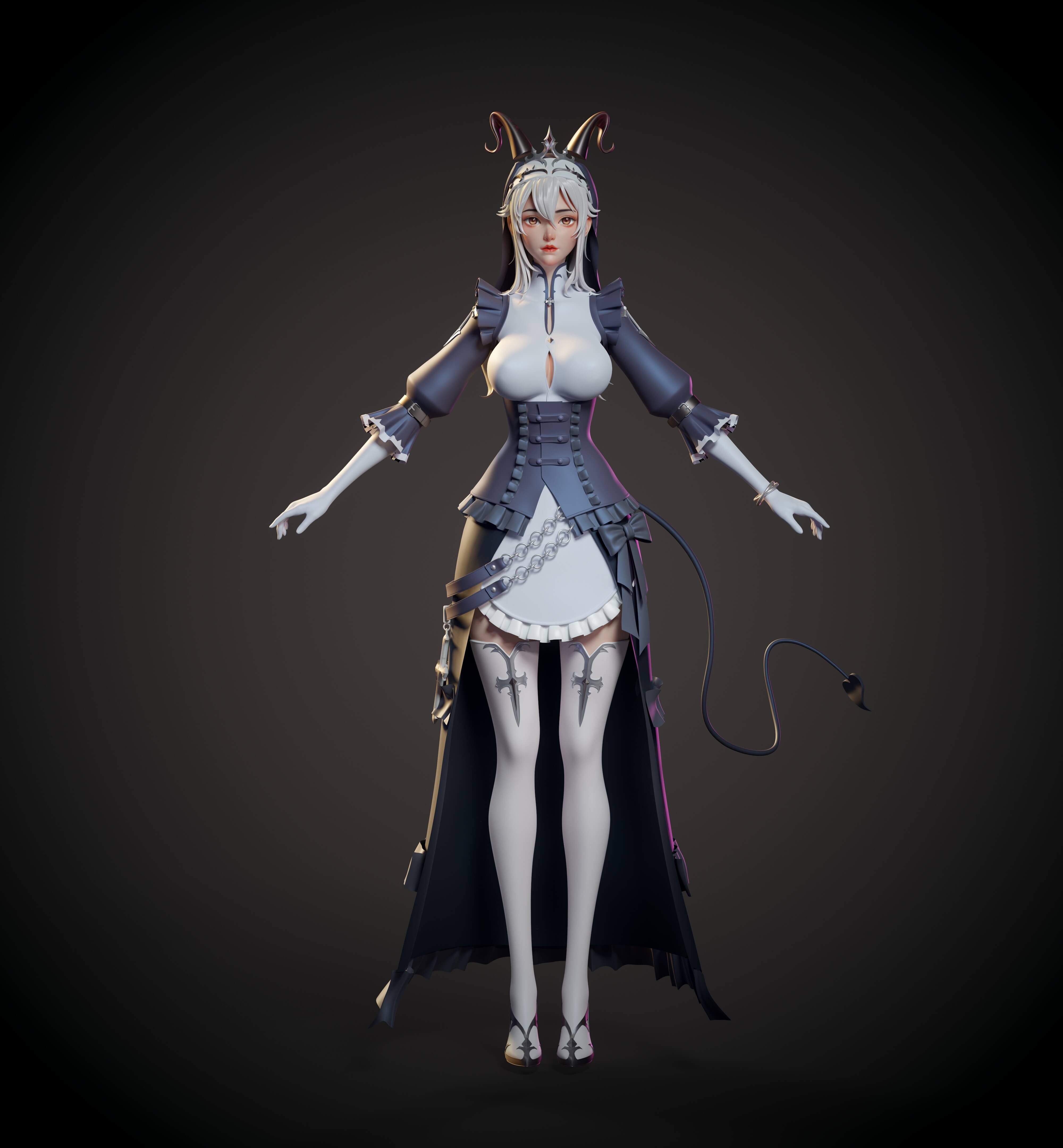 梵映学员司升阳次世代建模作品-白发犄角魔女黑白束腰长裙