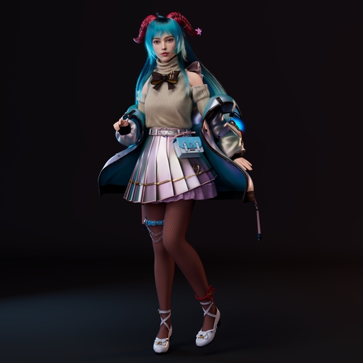 梵映学员杨欣怡次世代建模作品-蓝发犄角少女风衣配百褶裙