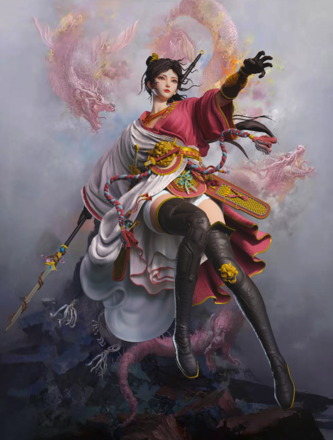 梵映学员张小燕次世代建模作品-国风红衣女将长枪与粉色巨龙背景