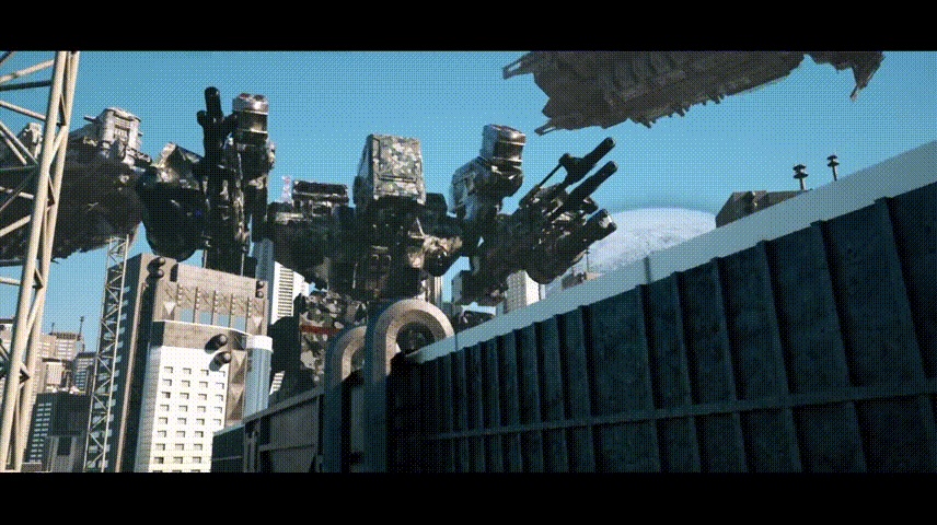 梵映学员林俊宇影视后期作品-城市上空机甲与飞船科幻特效场景