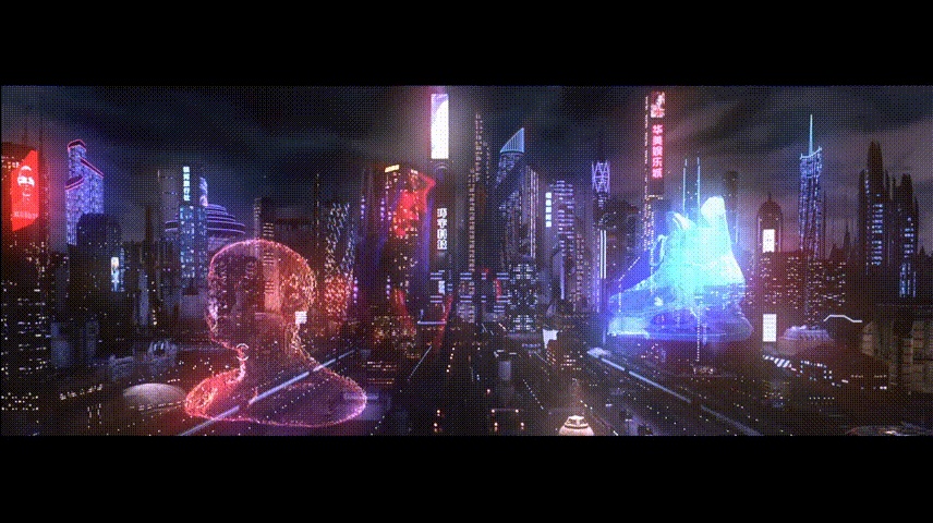 梵映学员刘思彤影视后期作品-赛博朋克霓虹都市夜景全息投影